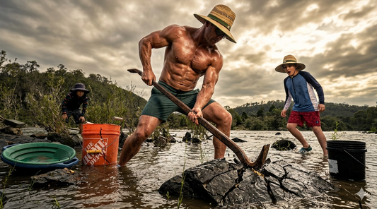 strong ripped man breaking bedrock for gold in the river