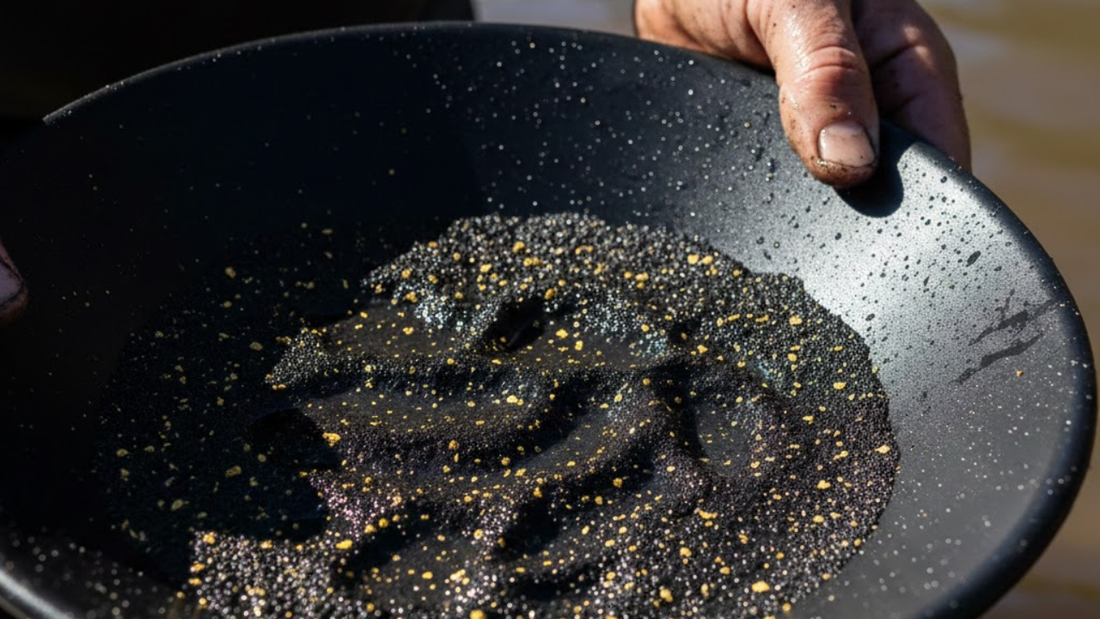 a gold pan full of black sand