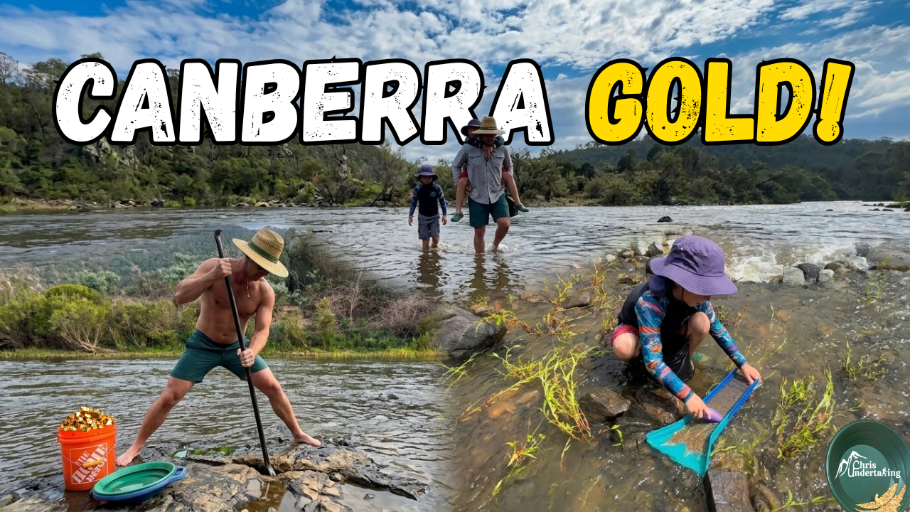 Load video: An adventure from Sydney to Canberra, the capital of Australia, prospecting for gold in the river using pans and river sluices.